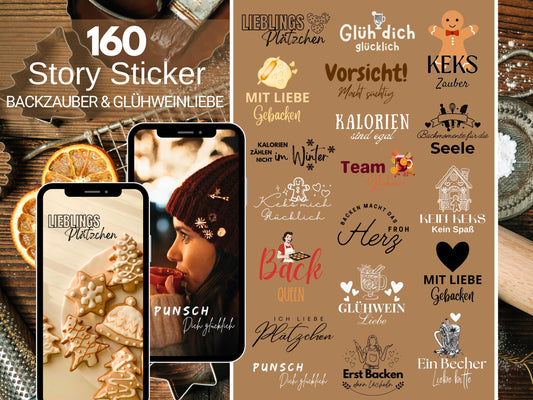 160 Instagram Story Sticker – Glühwein & Backen | Advent | Winter | Plätzchen Liebe | Deutsche Sprüche | Daily Basics | Weihnachten PNG