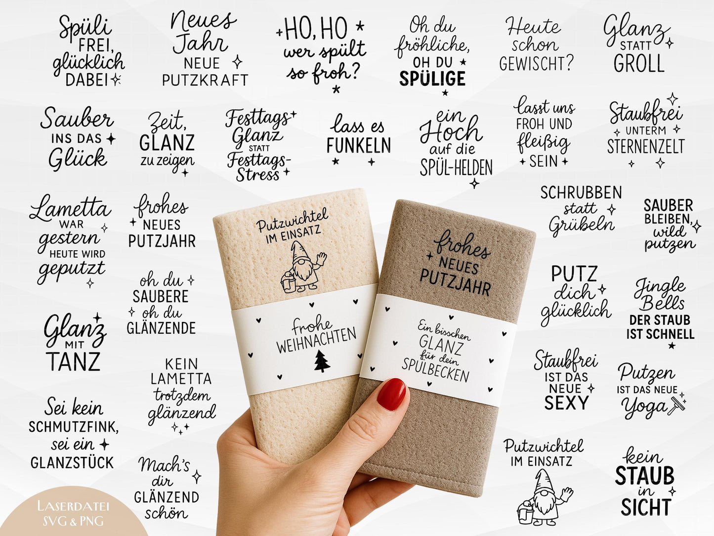Putzlappen Sprüche – SVG-Datei | Plotterdatei und Laserdatei | Banderole Spüllappen/Waschlappen | Geschenkidee Küche | Weihnachten & Neujahr