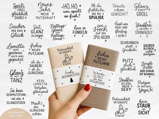 Putzlappen Sprüche – SVG-Datei | Plotterdatei und Laserdatei | Banderole Spüllappen/Waschlappen | Geschenkidee Küche | Weihnachten & Neujahr
