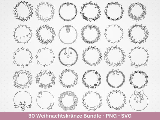 Weihnachtskränze SVG Bundle – Plotterdatei und Laserdatei | Kranz & Adventskranz Rahmen, Line Art | PNG | Cricut Silhouette | Geschenkidee