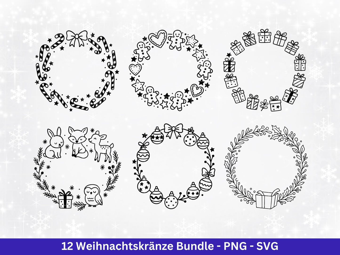 Weihnachtskränze SVG Bundle – Plotterdatei und Laserdatei | Kranz und Adventskranz Rahmen, Tiere | Cricut Datei | Geschenkidee Weihnachten