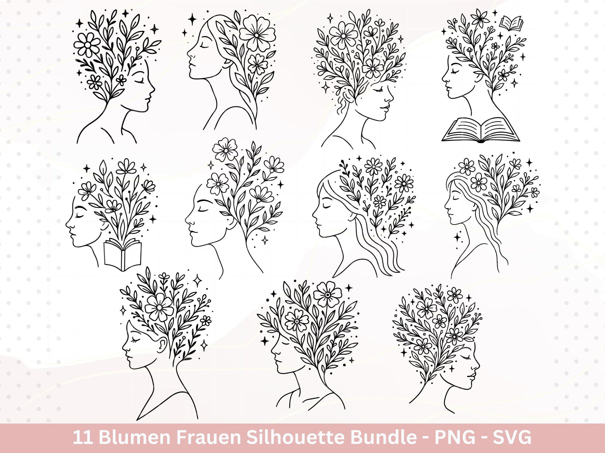 Blumen Frauen Silhouette SVG – Plotterdatei und Laserdatei | Boho Frau mit Blumen & Buch | PNG | Cricut Silhouette | Buchliebhaber Geschenk