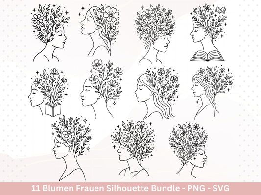 Blumen Frauen Silhouette SVG – Plotterdatei und Laserdatei | Boho Frau mit Blumen & Buch | PNG | Cricut Silhouette | Buchliebhaber Geschenk