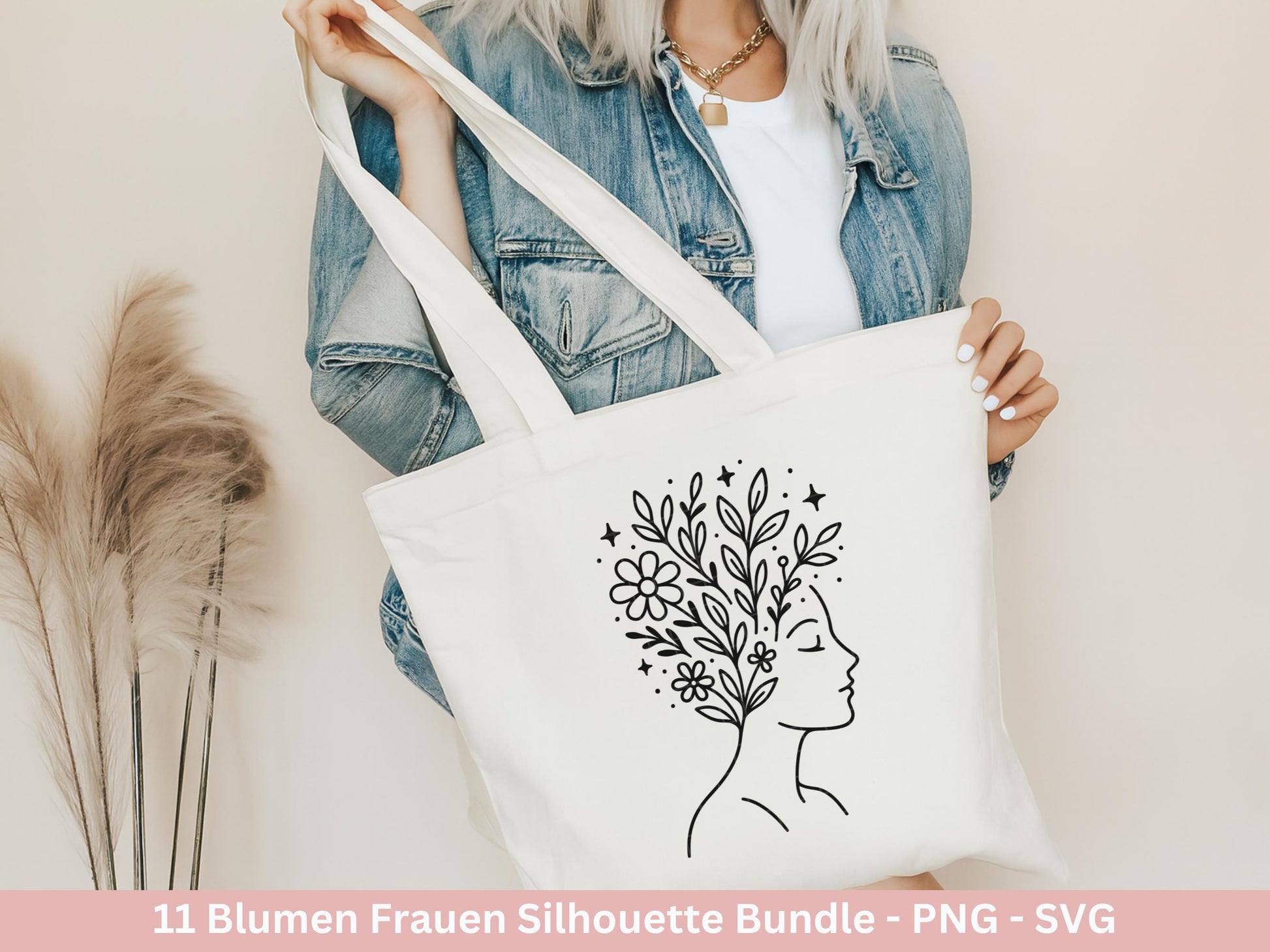 Blumen Frauen Silhouette SVG – Plotterdatei und Laserdatei | Boho Frau mit Blumen & Buch | PNG | Cricut Silhouette | Buchliebhaber Geschenk