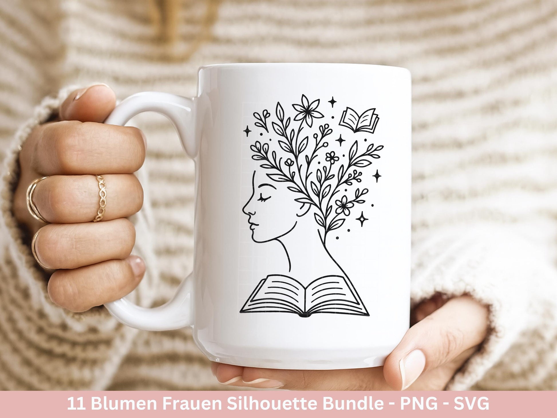 Blumen Frauen Silhouette SVG – Plotterdatei und Laserdatei | Boho Frau mit Blumen & Buch | PNG | Cricut Silhouette | Buchliebhaber Geschenk