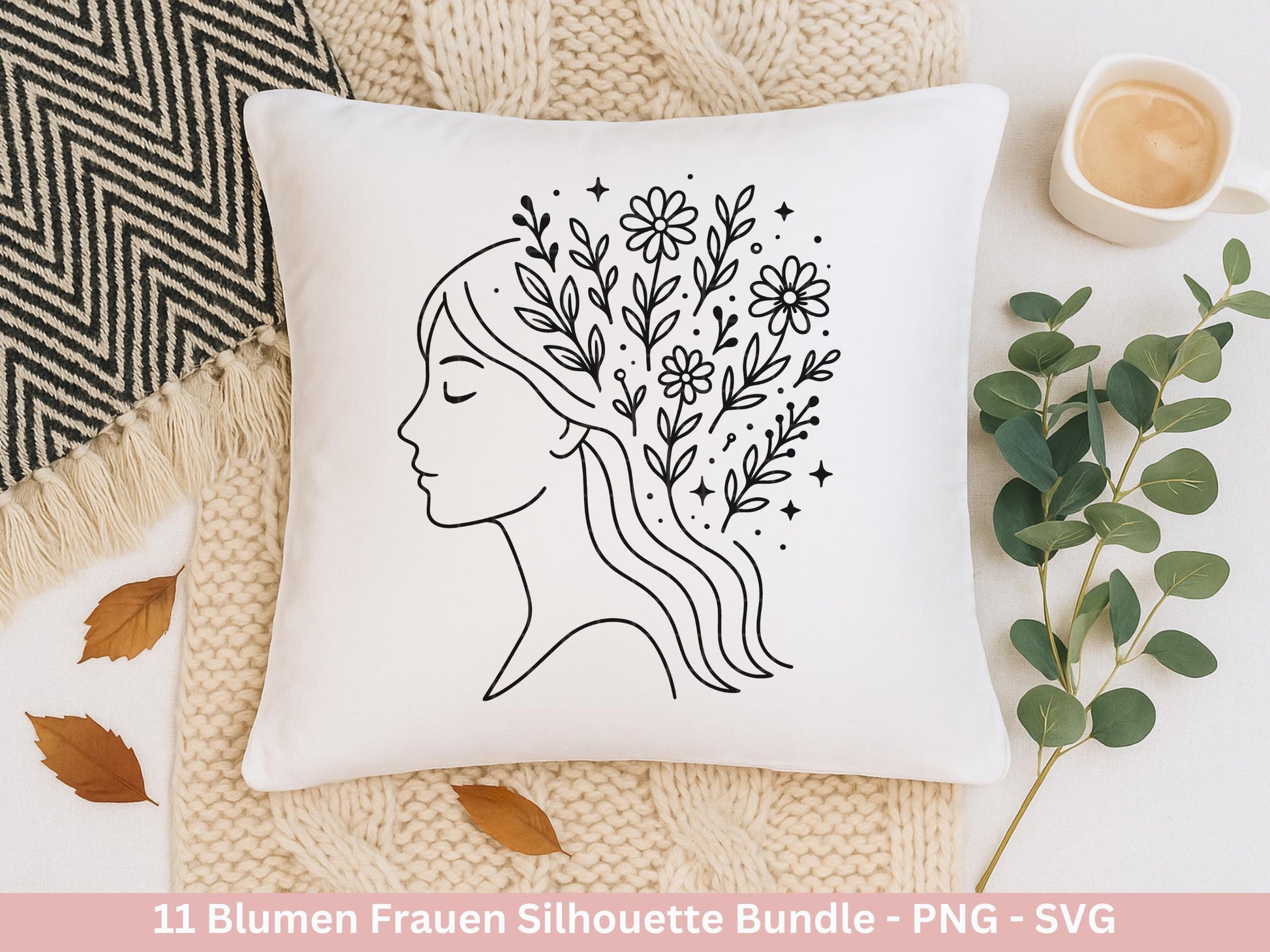 Blumen Frauen Silhouette SVG – Plotterdatei und Laserdatei | Boho Frau mit Blumen & Buch | PNG | Cricut Silhouette | Buchliebhaber Geschenk