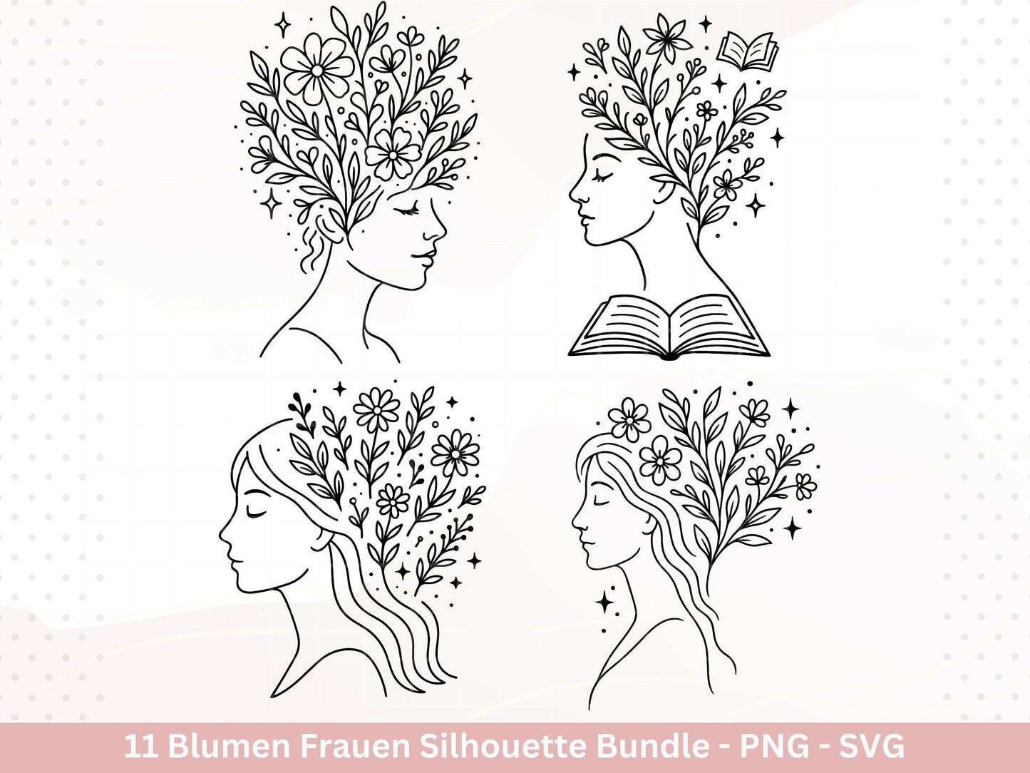 Blumen Frauen Silhouette SVG – Plotterdatei und Laserdatei | Boho Frau mit Blumen & Buch | PNG | Cricut Silhouette | Buchliebhaber Geschenk