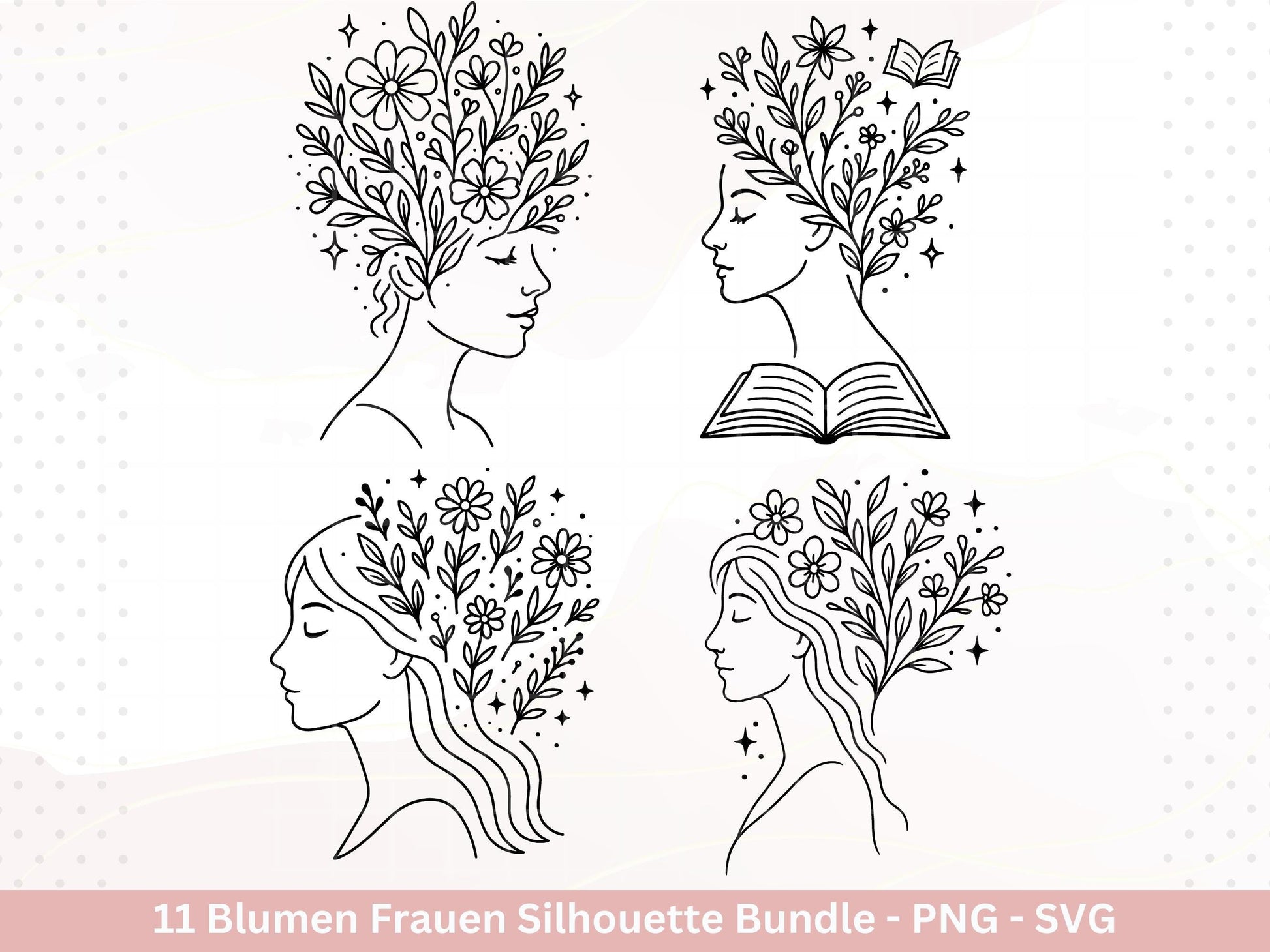 Blumen Frauen Silhouette SVG – Plotterdatei und Laserdatei | Boho Frau mit Blumen & Buch | PNG | Cricut Silhouette | Buchliebhaber Geschenk