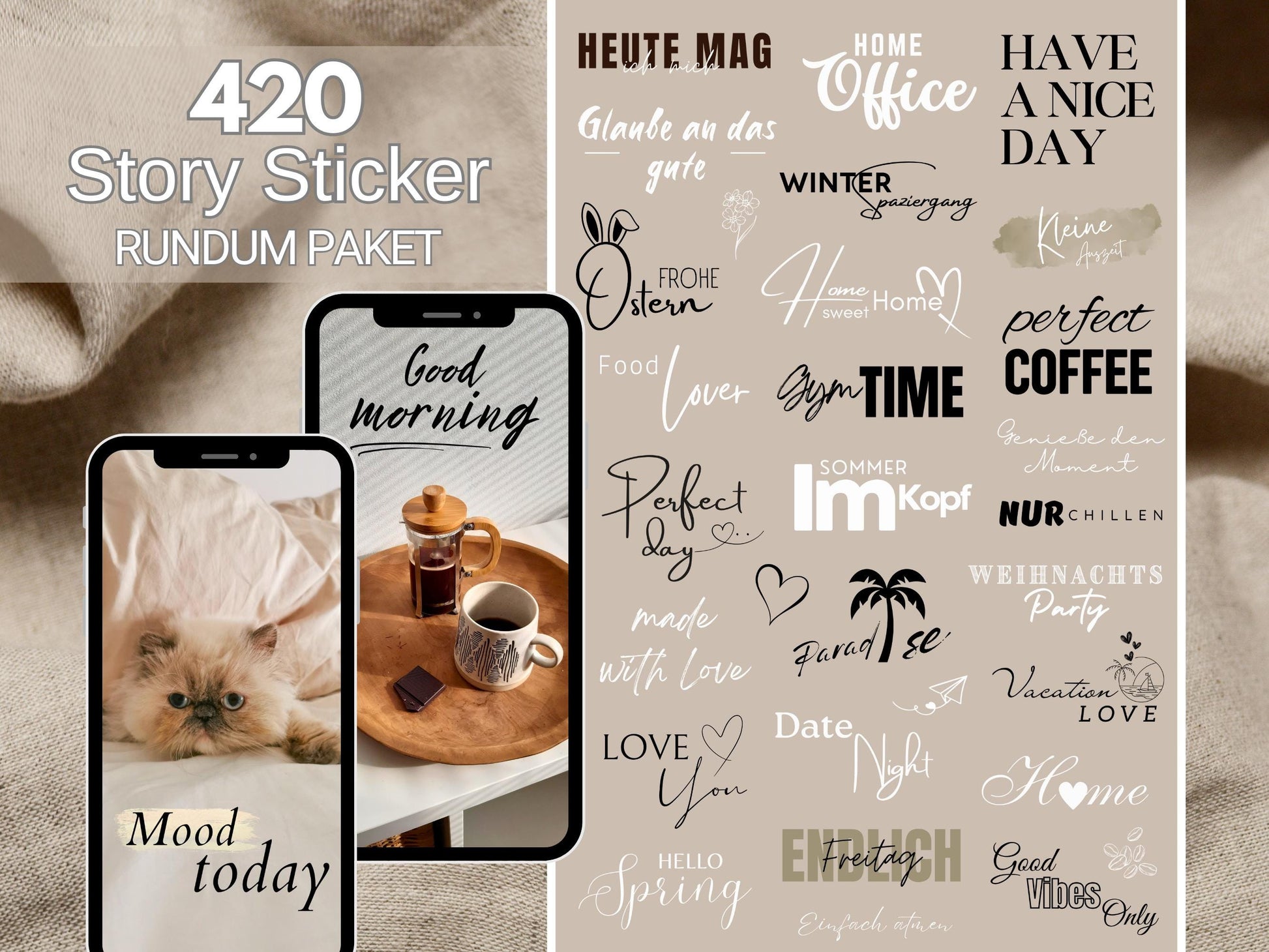 420+ Instagram Story Sticker Rundum Paket XXL - Tagessprüche – Alltag, Clipart – Positive Sprüche Basic Liebe Familie Insta Stories Daily
