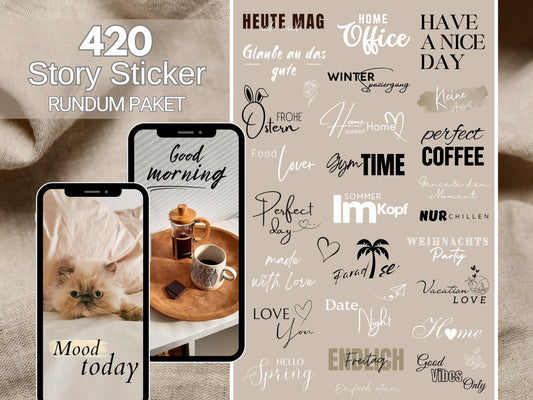 420+ Instagram Story Sticker Rundum Paket XXL - Tagessprüche – Alltag, Clipart – Positive Sprüche Basic Liebe Familie Insta Stories Daily