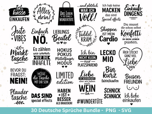 Deutsche Sprüche für Beutel SVG – Taschensprüche Bundle | Plotterdatei & Laserdatei | Jutetasche plotten | Lustige Sprüche Cricut Silhouette