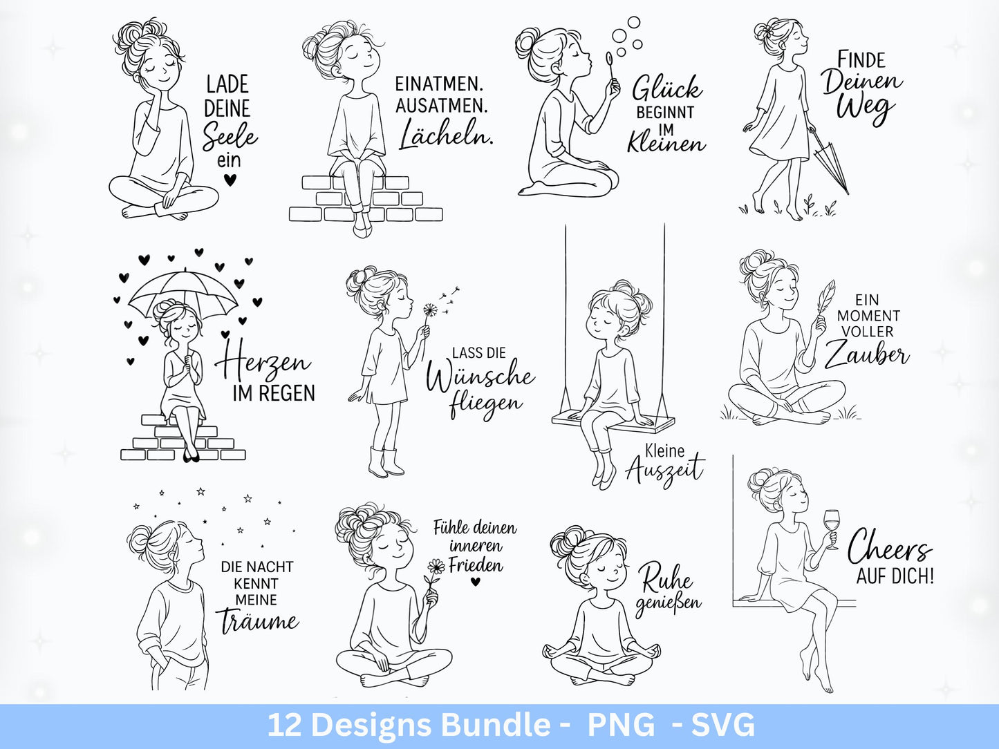 Handgezeichnete Frauen SVG | Sketch Bundle mit Sprüchen | Plotterdatei Laserdatei | Geschenkidee Freundin | Cricut Silhouette Design Datei