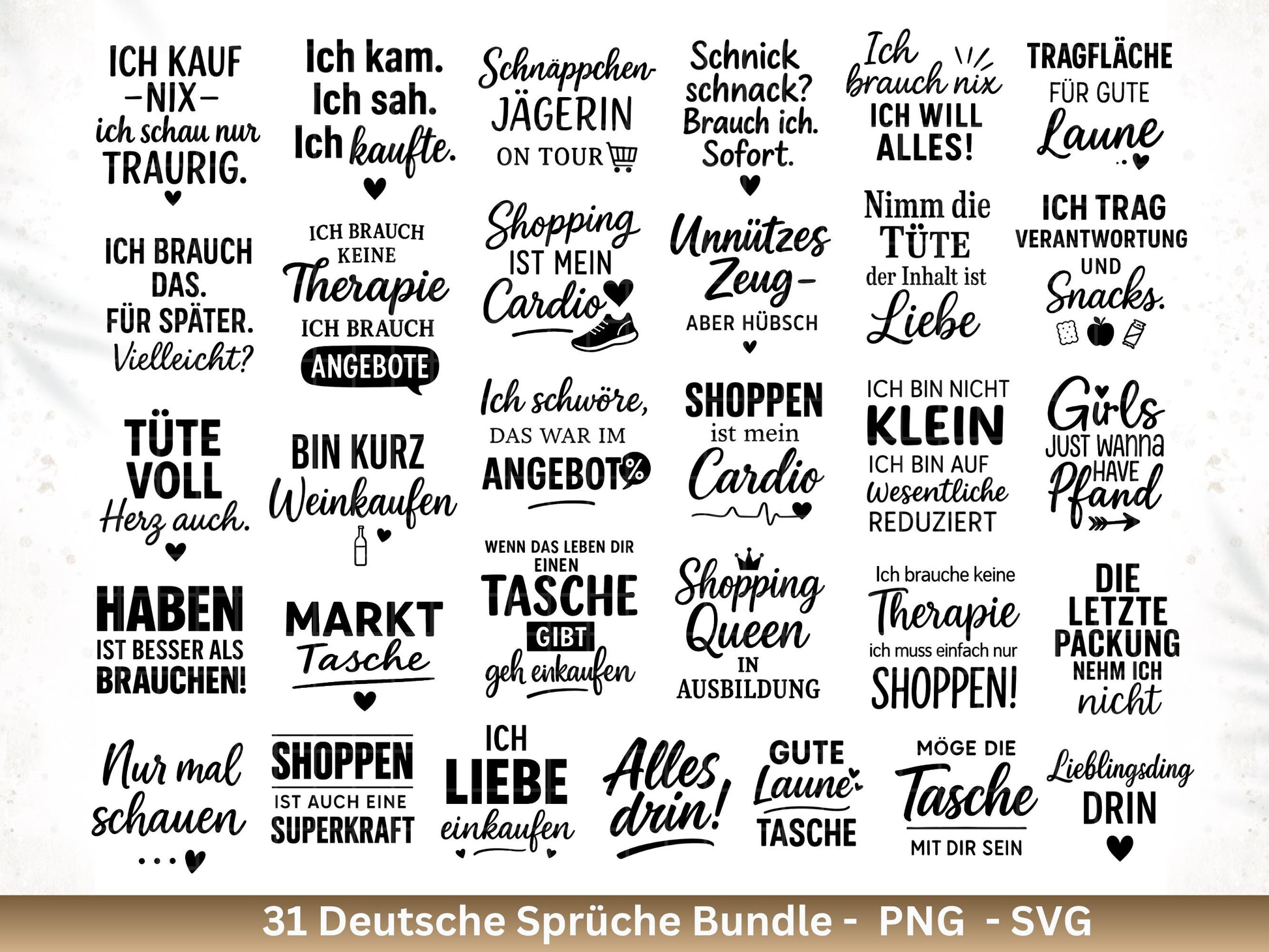 Lustige Shopping Sprüche SVG – Plotterdatei für Beutel, Tassen & Geschenke | Deutsche Zitate Bundle | Geschenkidee | Cricut Silhouette