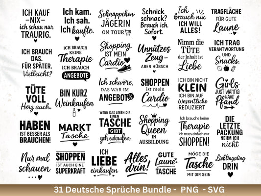 Lustige Shopping Sprüche SVG – Plotterdatei für Beutel, Tassen & Geschenke | Deutsche Zitate Bundle | Geschenkidee | Cricut Silhouette