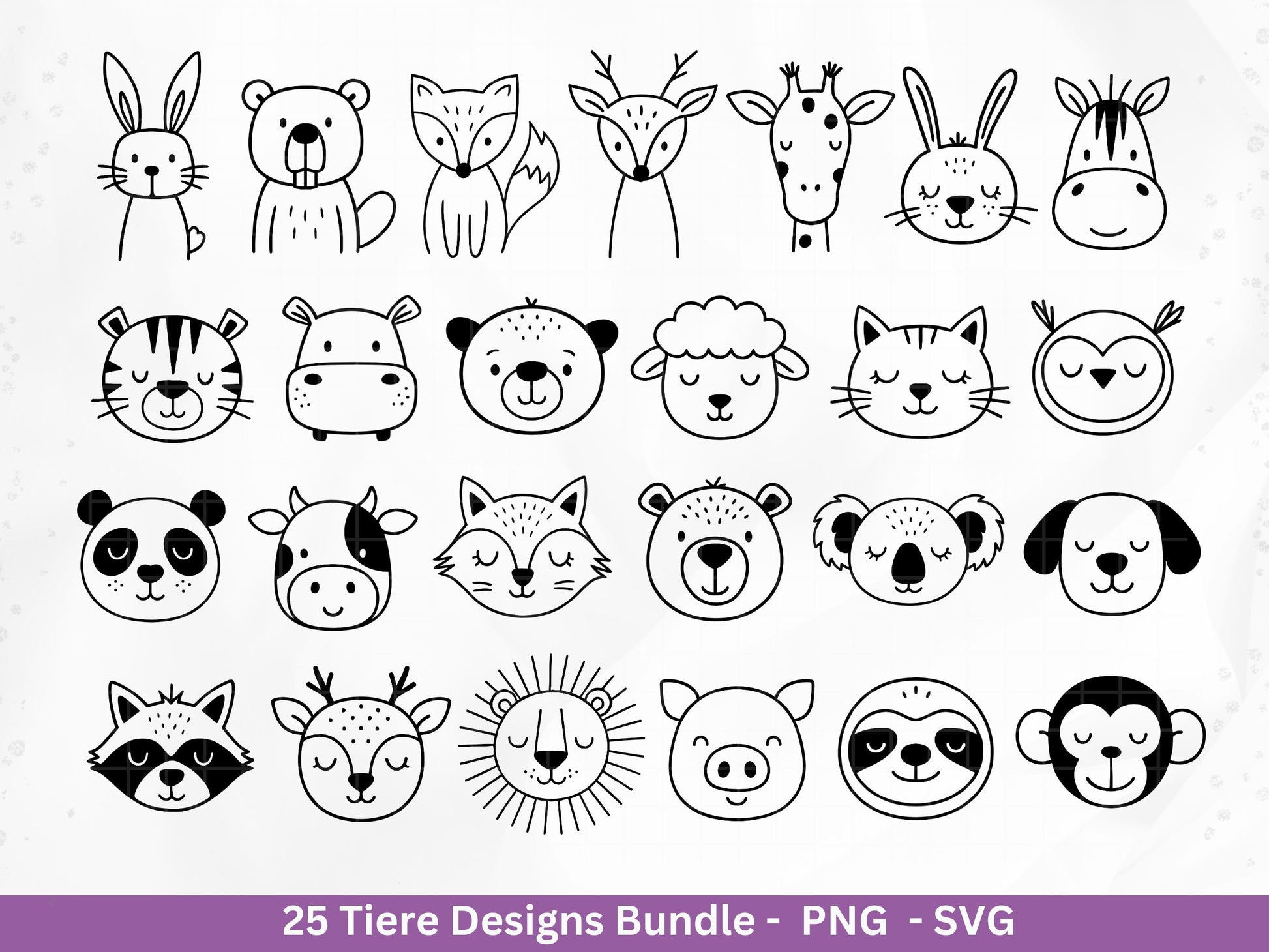 Niedliche Tiere SVG Bundle – Plotterdatei & Laserdatei | Waldtiere | Safari Tiere | Kawaii Tiergesichter Clipart | Kinder Geschenkidee Holz