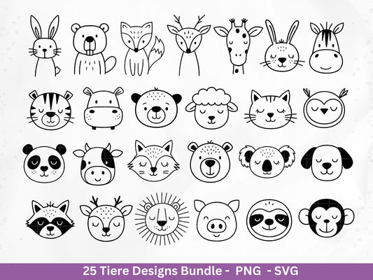 Niedliche Tiere SVG Bundle – Plotterdatei & Laserdatei | Waldtiere | Safari Tiere | Kawaii Tiergesichter Clipart | Kinder Geschenkidee Holz