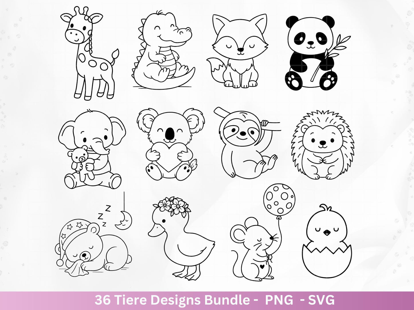 Line Art Tiere SVG Bundle – Handgezeichnete Wald und Safari Tiere, Kawaii Kinder Clipart, Plotterdatei & Lasergravur Geschenkidee Cricut