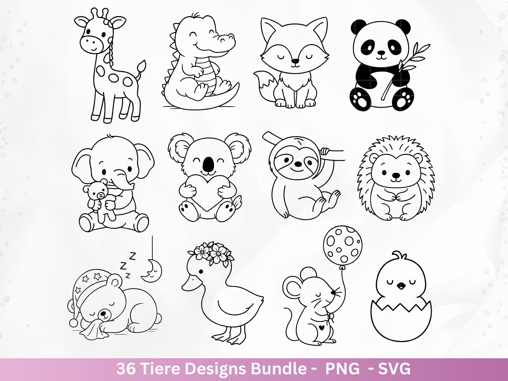 Line Art Tiere SVG Bundle – Handgezeichnete Wald und Safari Tiere, Kawaii Kinder Clipart, Plotterdatei & Lasergravur Geschenkidee Cricut