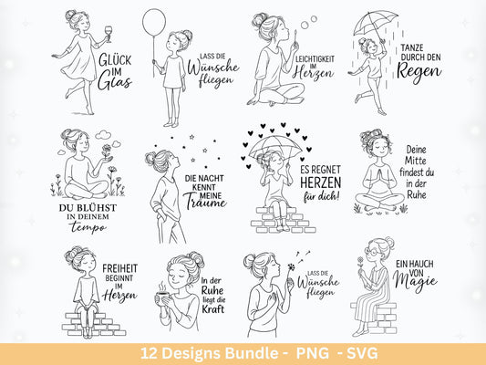 Handgezeichnete Frauen SVG | Sketch Bundle mit Sprüchen | Plotterdatei Laserdatei | Geschenkidee Freundin | Cricut Silhouette Design Datei