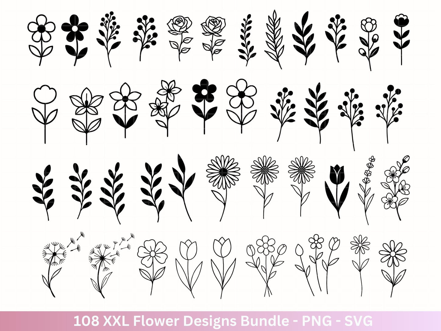Plotterdatei Blumen SVG Bundle – Florale Designs | Wildblumen & Blätter | Cricut | Laserdatei | Pusteblume Clipart PNG Botanisch Frühling