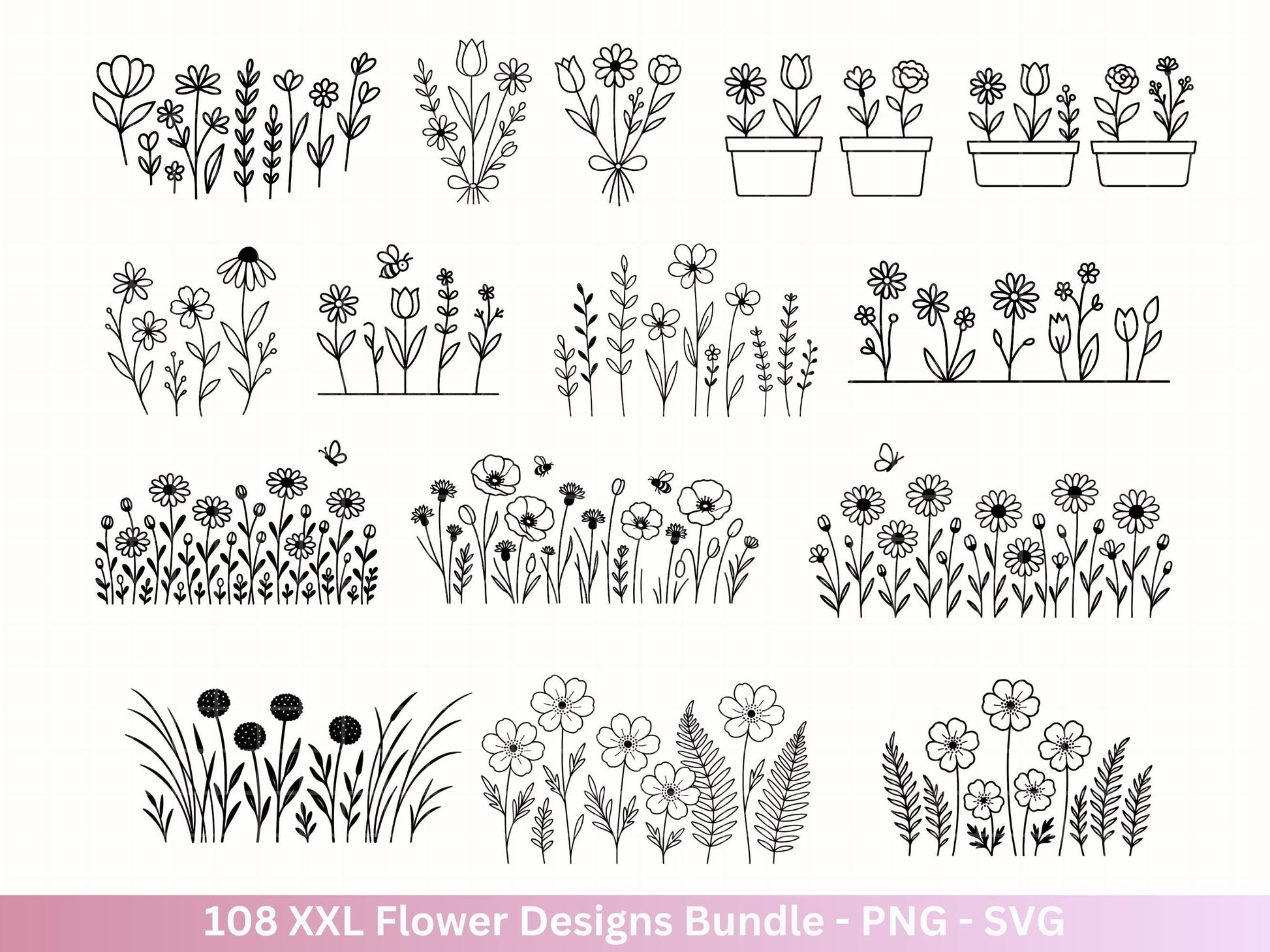 Plotterdatei Blumen SVG Bundle – Florale Designs | Wildblumen & Blätter | Cricut | Laserdatei | Pusteblume Clipart PNG Botanisch Frühling