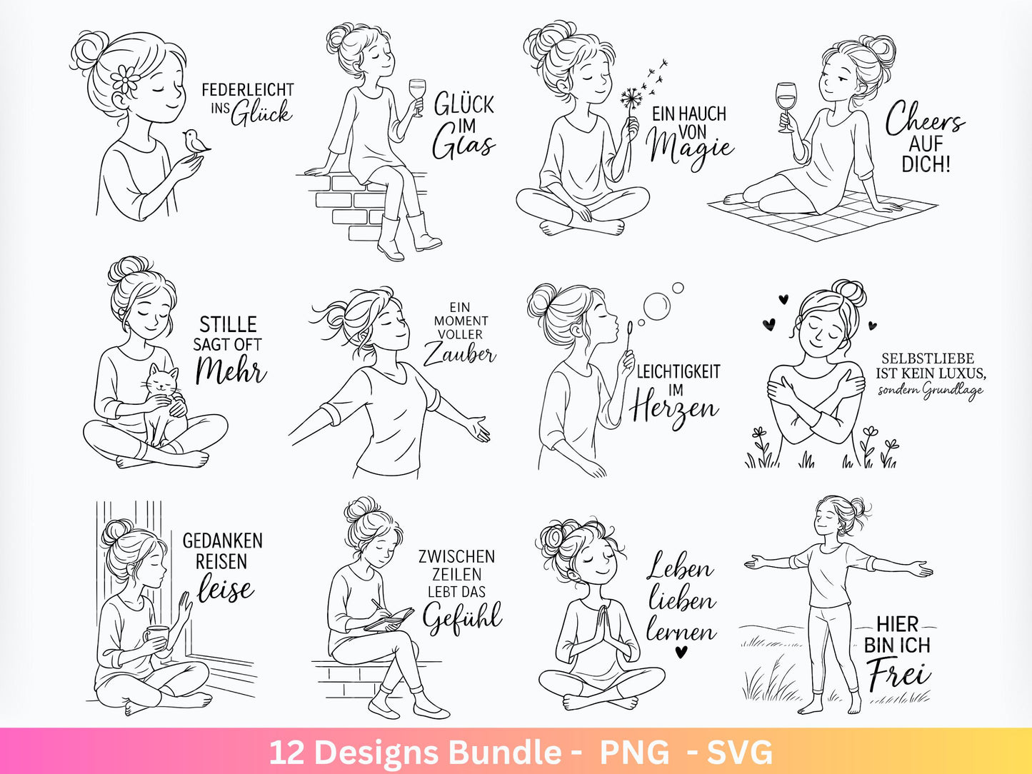 Handgezeichnete Frauen SVG | Sketch Bundle mit Sprüchen | Plotterdatei Laserdatei | Geschenkidee Freundin | Cricut Silhouette Design Datei