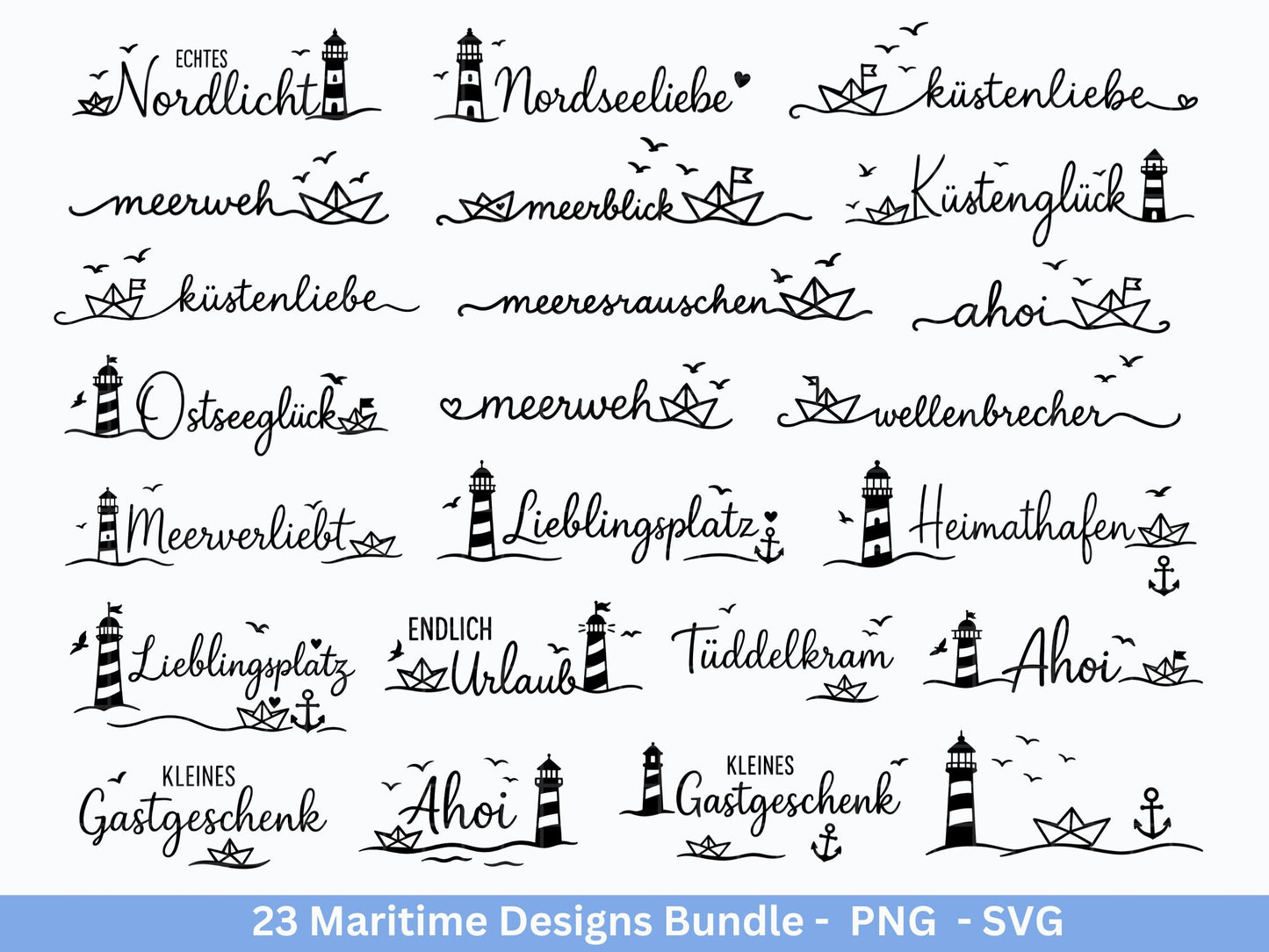 Maritim SVG Bundle – Plotterdatei & Laserdatei | Ahoi, Heimathafen , Leuchtturm | Nordsee Ostsee Liebe | Maritime Sprüche | Geschenkidee