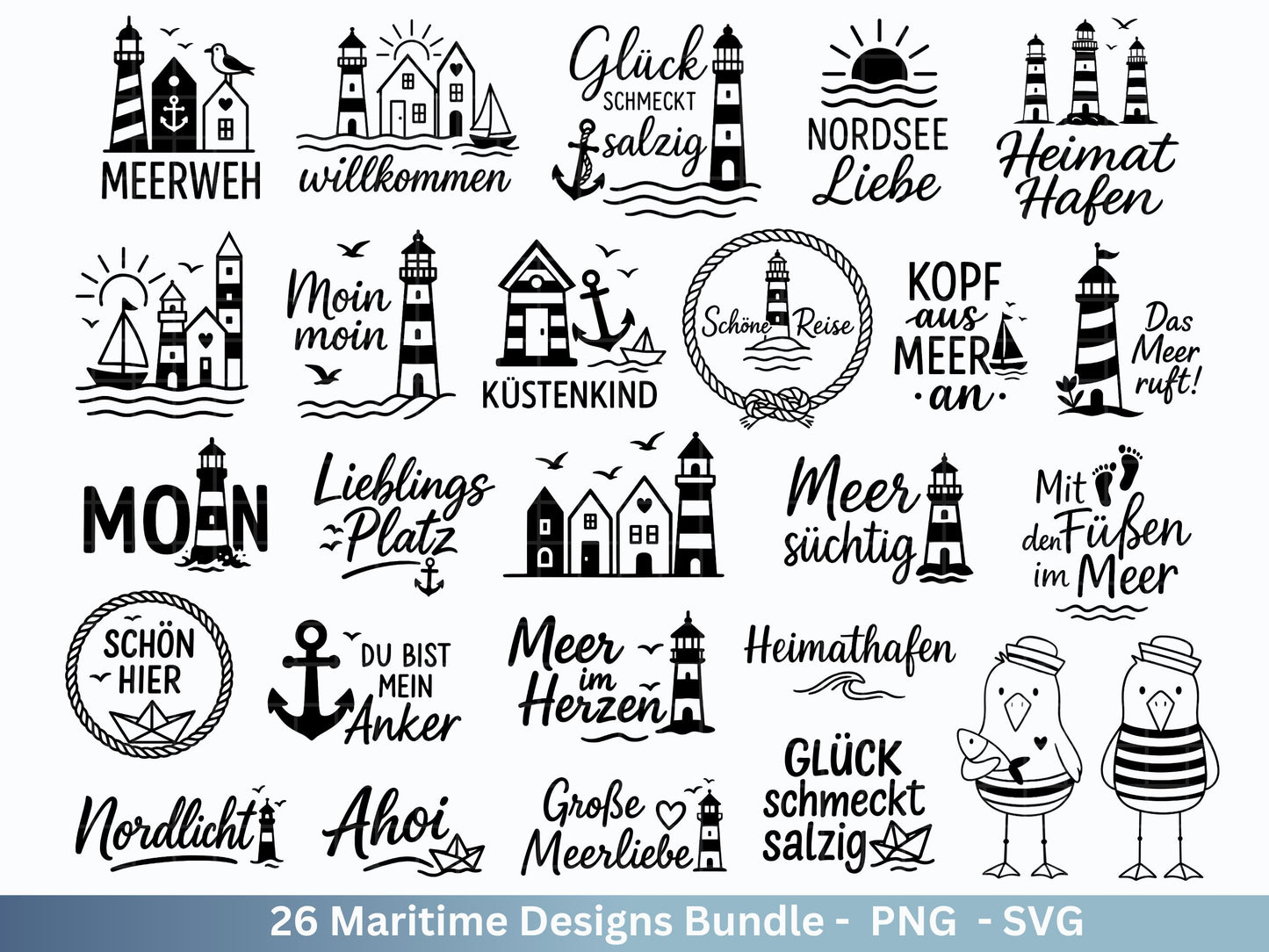 Maritim SVG Bundle – Plotterdatei & Laserdatei | Moin, Leuchtturm , Möwen | Nordsee Ostsee Sprüche | Küstenliebe | Cricut Silhouette Design