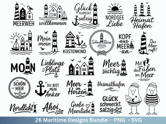 Maritim SVG Bundle – Plotterdatei & Laserdatei | Moin, Leuchtturm , Möwen | Nordsee Ostsee Sprüche | Küstenliebe | Cricut Silhouette Design