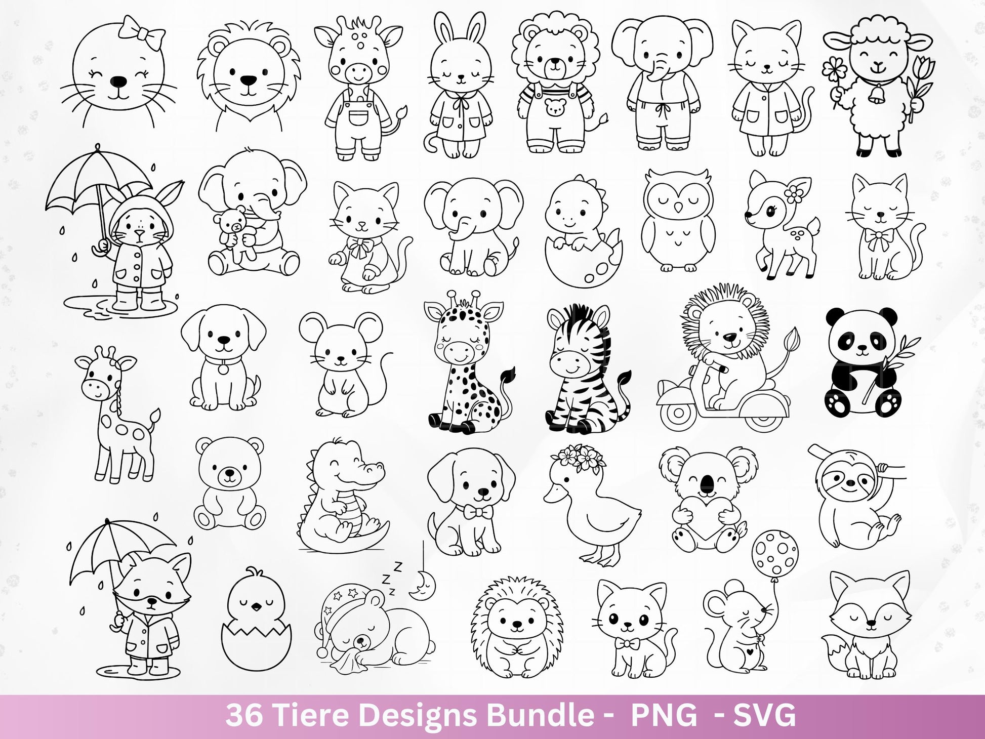 Line Art Tiere SVG Bundle – Handgezeichnete Wald und Safari Tiere, Kawaii Kinder Clipart, Plotterdatei & Lasergravur Geschenkidee Cricut