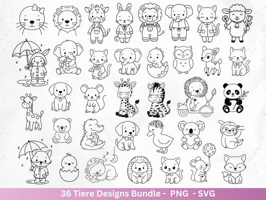 Line Art Tiere SVG Bundle – Handgezeichnete Wald und Safari Tiere, Kawaii Kinder Clipart, Plotterdatei & Lasergravur Geschenkidee Cricut