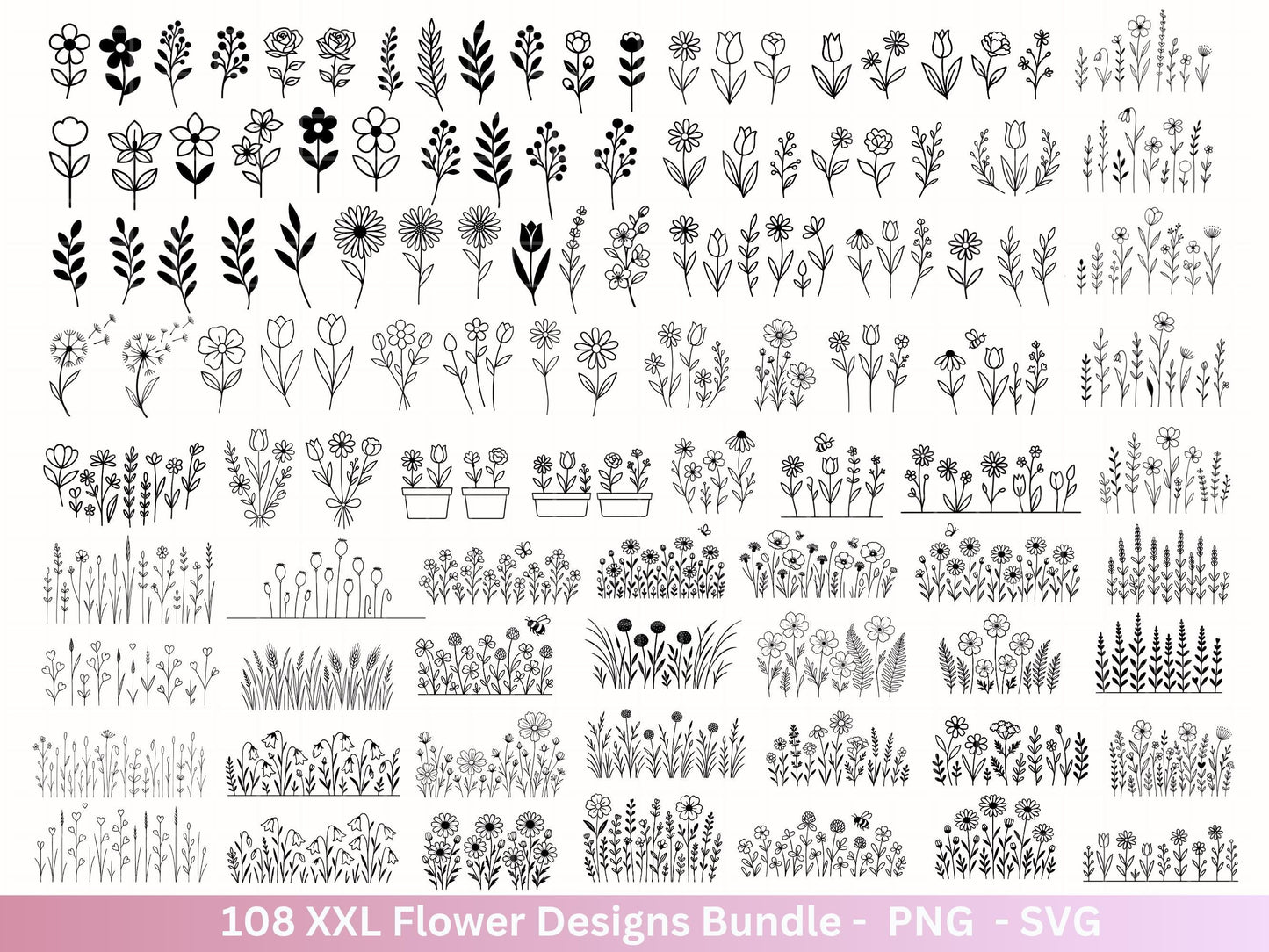 Plotterdatei Blumen SVG Bundle – Florale Designs | Wildblumen & Blätter | Cricut | Laserdatei | Pusteblume Clipart PNG Botanisch Frühling