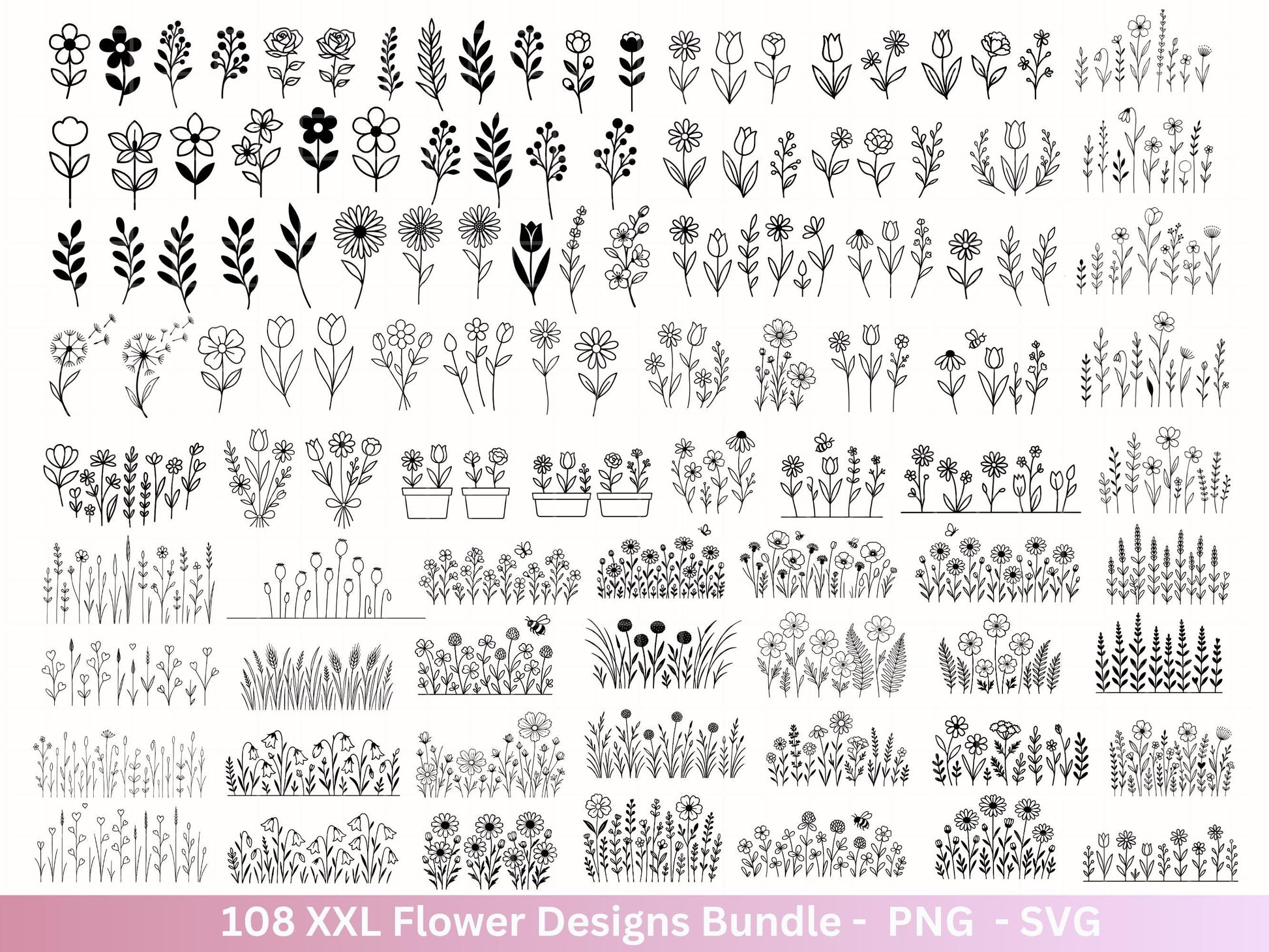 Plotterdatei Blumen SVG Bundle – Florale Designs | Wildblumen & Blätter | Cricut | Laserdatei | Pusteblume Clipart PNG Botanisch Frühling