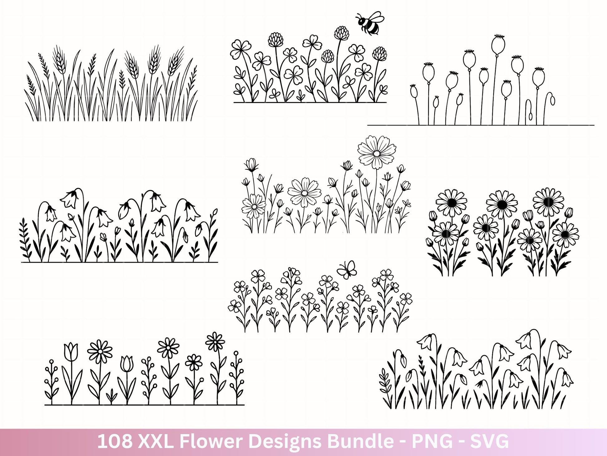 Plotterdatei Blumen SVG Bundle – Florale Designs | Wildblumen & Blätter | Cricut | Laserdatei | Pusteblume Clipart PNG Botanisch Frühling