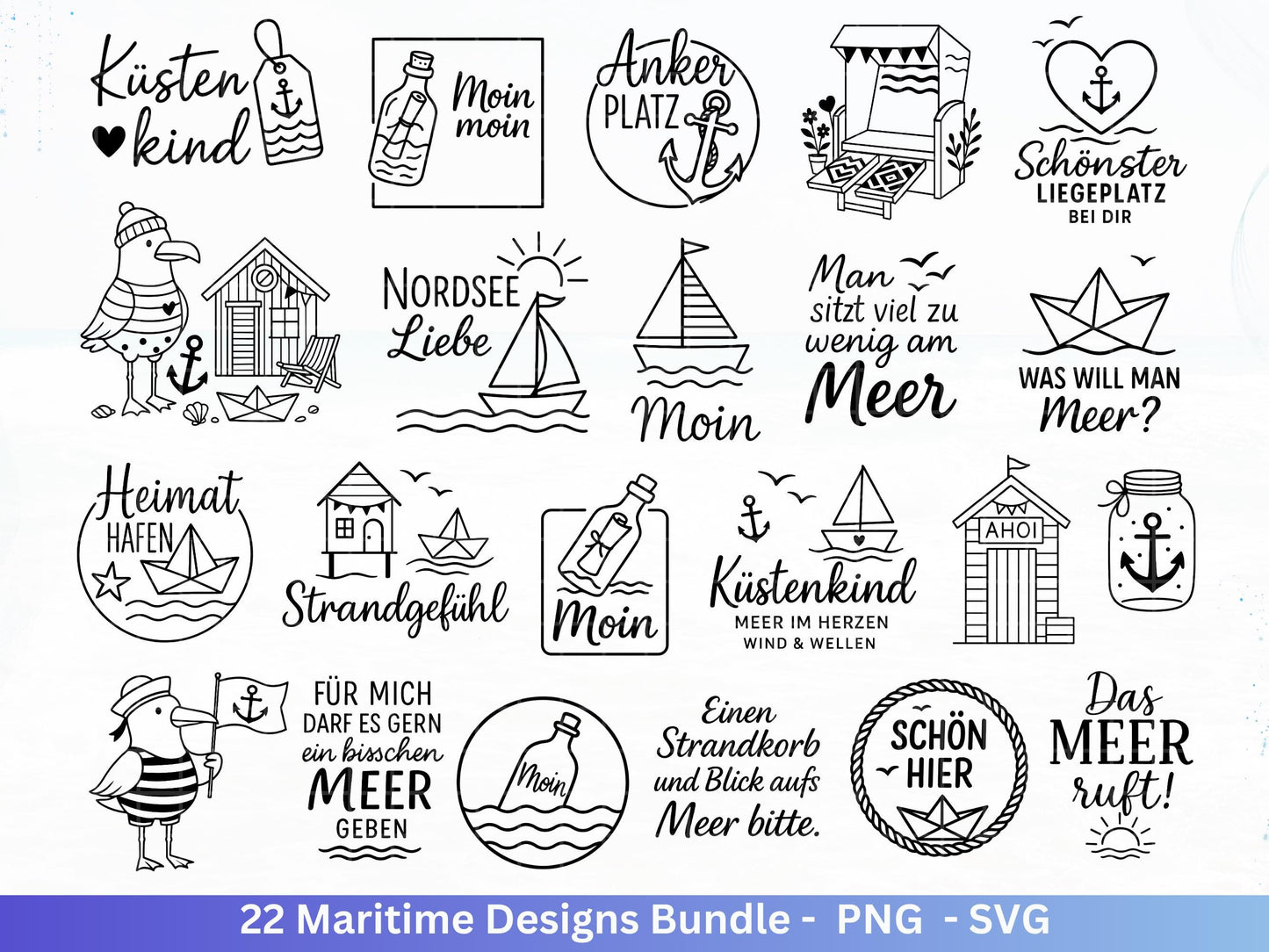 Maritim SVG Bundle | Plotterdatei Laserdatei | Moin Küstenkind Sprüche | Nordsee Ostsee Meer | Anker Möwen Strandkorb | Cricut Silhouette