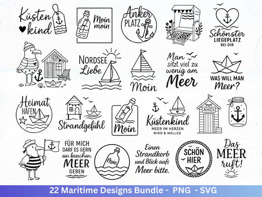 Maritim SVG Bundle | Plotterdatei Laserdatei | Moin Küstenkind Sprüche | Nordsee Ostsee Meer | Anker Möwen Strandkorb | Cricut Silhouette