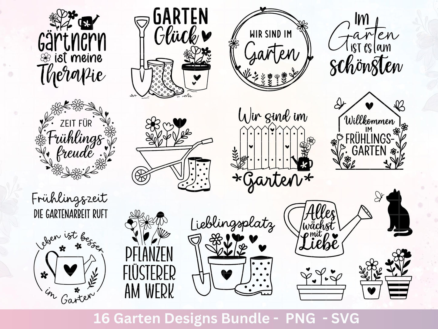 Garten Plotterdatei Bundle – Frühling SVG | Gartenliebe Sprüche | Schubkarre Gießkanne Blumen | Gartendeko Laserdatei | Cricut Silhouette