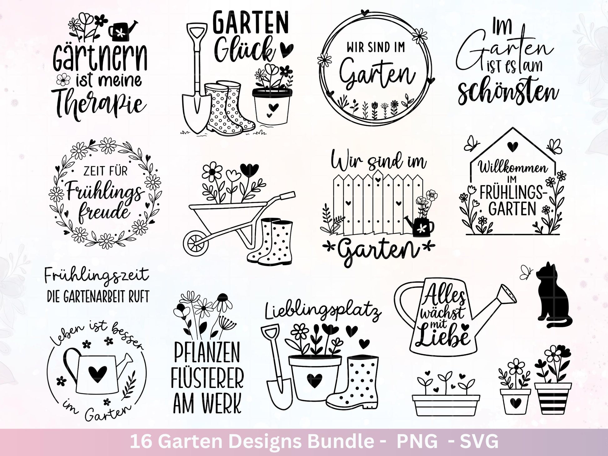 Garten Plotterdatei Bundle – Frühling SVG | Gartenliebe Sprüche | Schubkarre Gießkanne Blumen | Gartendeko Laserdatei | Cricut Silhouette