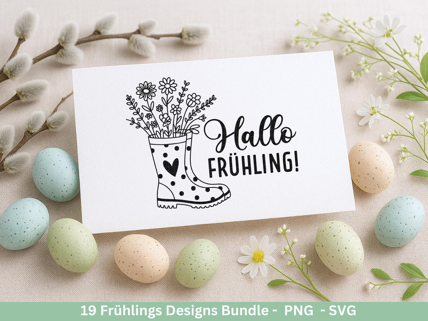 Frühling Plotterdatei Bundle – Hallo Frühling Sprüche Blumen Hase | Deutsche Frühling SVG Designs | Frühlingszauber Motive Cricut Laserdatei