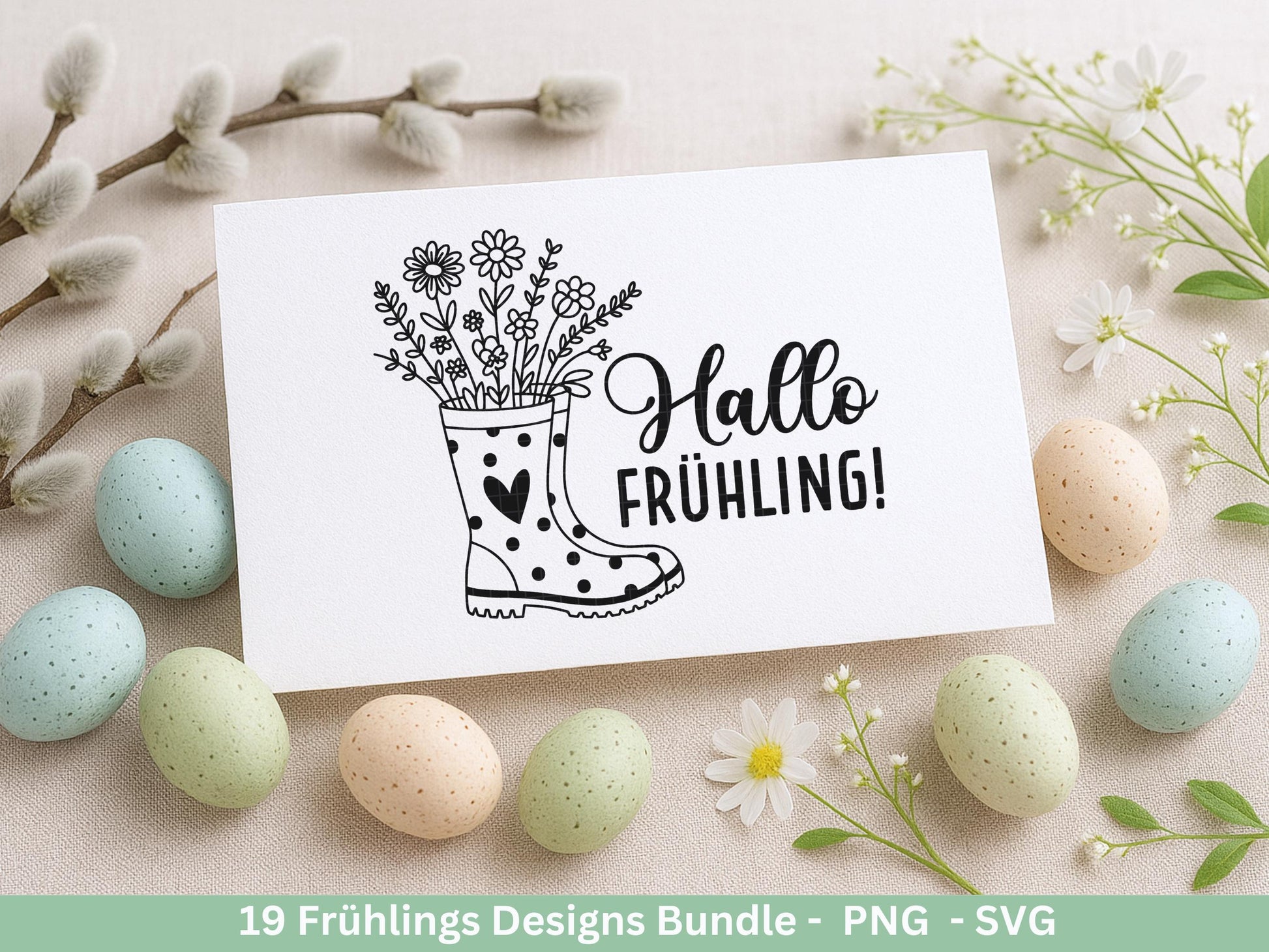 Frühling Plotterdatei Bundle – Hallo Frühling Sprüche Blumen Hase | Deutsche Frühling SVG Designs | Frühlingszauber Motive Cricut Laserdatei