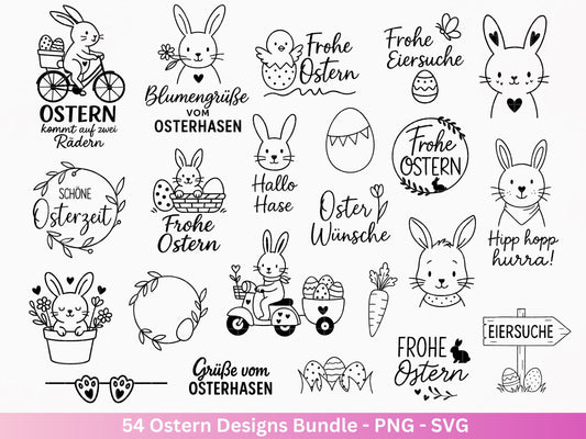 Ostern Plotterdatei Bundle – Niedliche Hasen & Oster Sprüche | Deutsche Oster SVG Motive | Eier Suche Frühling Cricut Laserdatei Mega Set