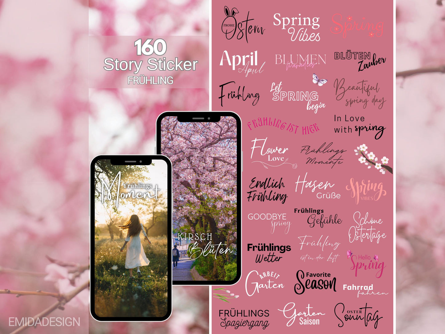 160 Instagram Story Sticker – Frühling Deutsch | Spring Vibes | Blüten Zauber | Saison Sprüche | Story Sticker Pastell | Kalligraphie Set