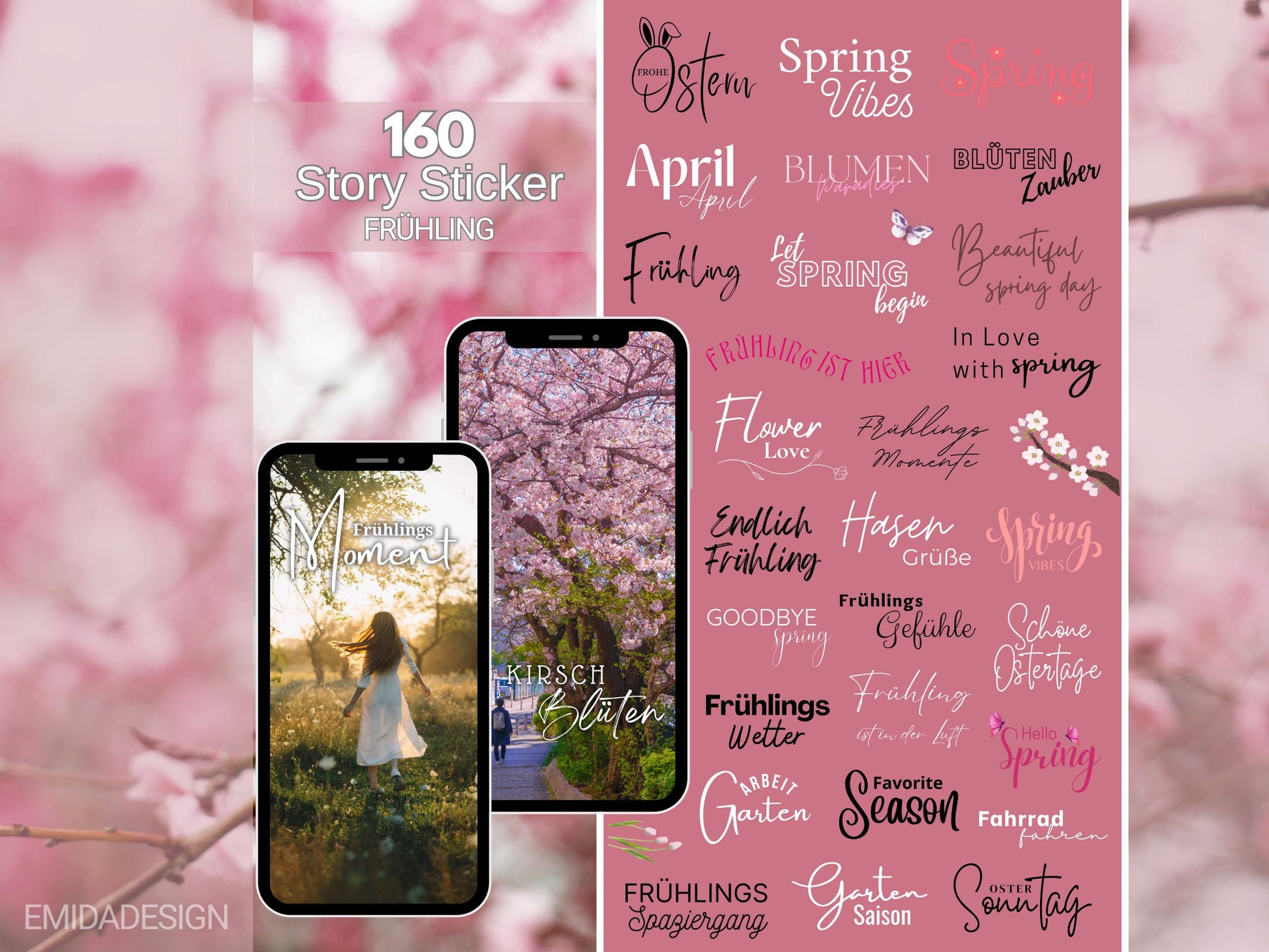 160 Instagram Story Sticker – Frühling Deutsch | Spring Vibes | Blüten Zauber | Saison Sprüche | Story Sticker Pastell | Kalligraphie Set