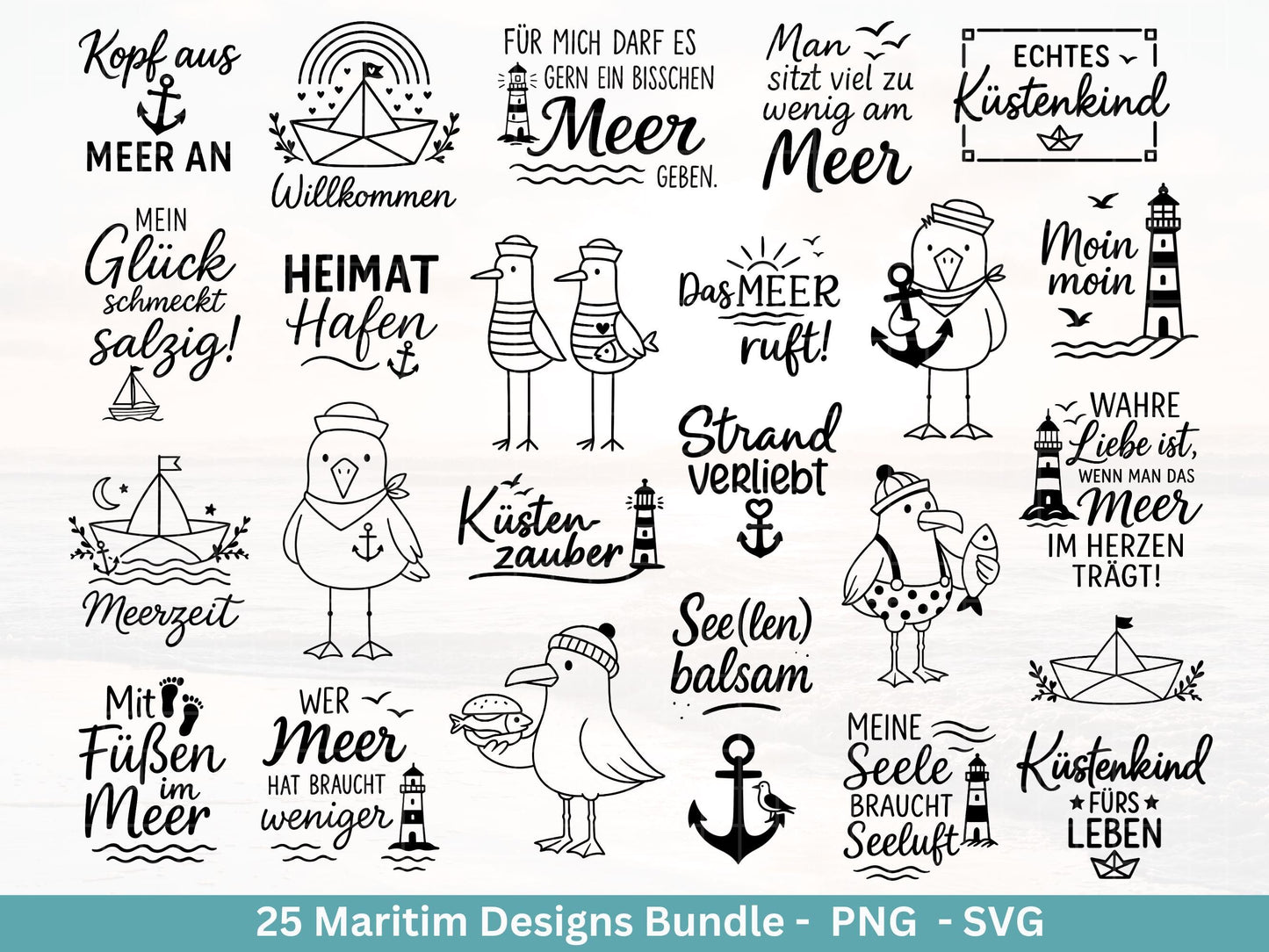 Maritim Plotterdatei Bundle – Küstenkind Sprüche & Möwen Designs | Nordsee Ostsee Meer SVG | Strandliebe Anker Waves Cricut Laserdatei