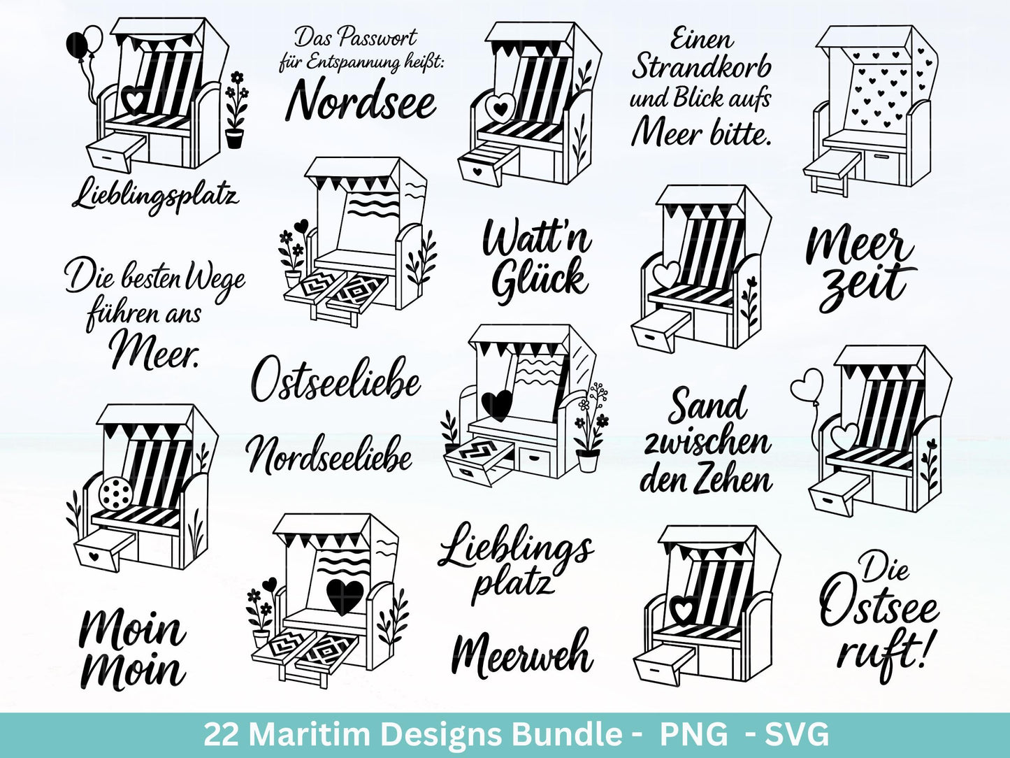 Maritim Plotterdatei Bundle – Strandkorb Sprüche & Meerliebe Designs | Nordsee Ostsee SVG | Moin Küstenkind Anker Cricut Laserdatei Meerzeit