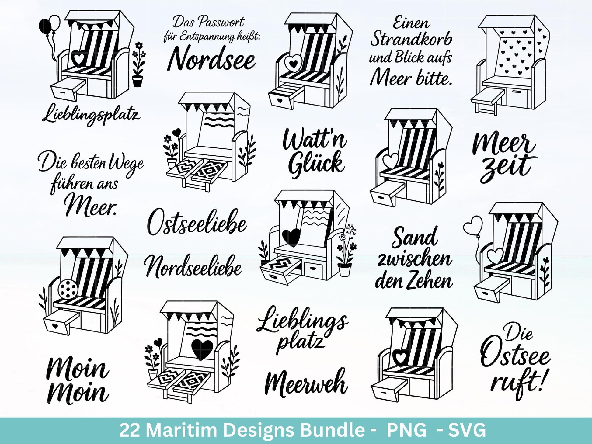 Maritim Plotterdatei Bundle – Strandkorb Sprüche & Meerliebe Designs | Nordsee Ostsee SVG | Moin Küstenkind Anker Cricut Laserdatei Meerzeit