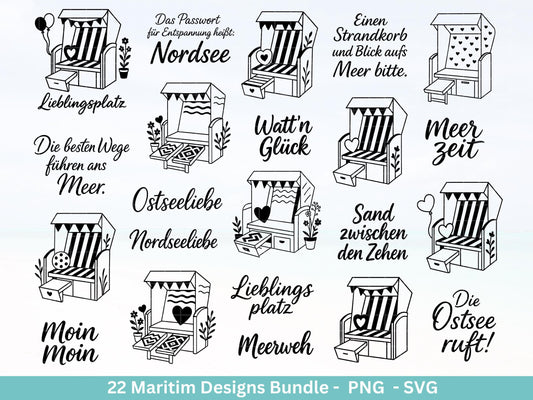 Maritim Plotterdatei Bundle – Strandkorb Sprüche & Meerliebe Designs | Nordsee Ostsee SVG | Moin Küstenkind Anker Cricut Laserdatei Meerzeit