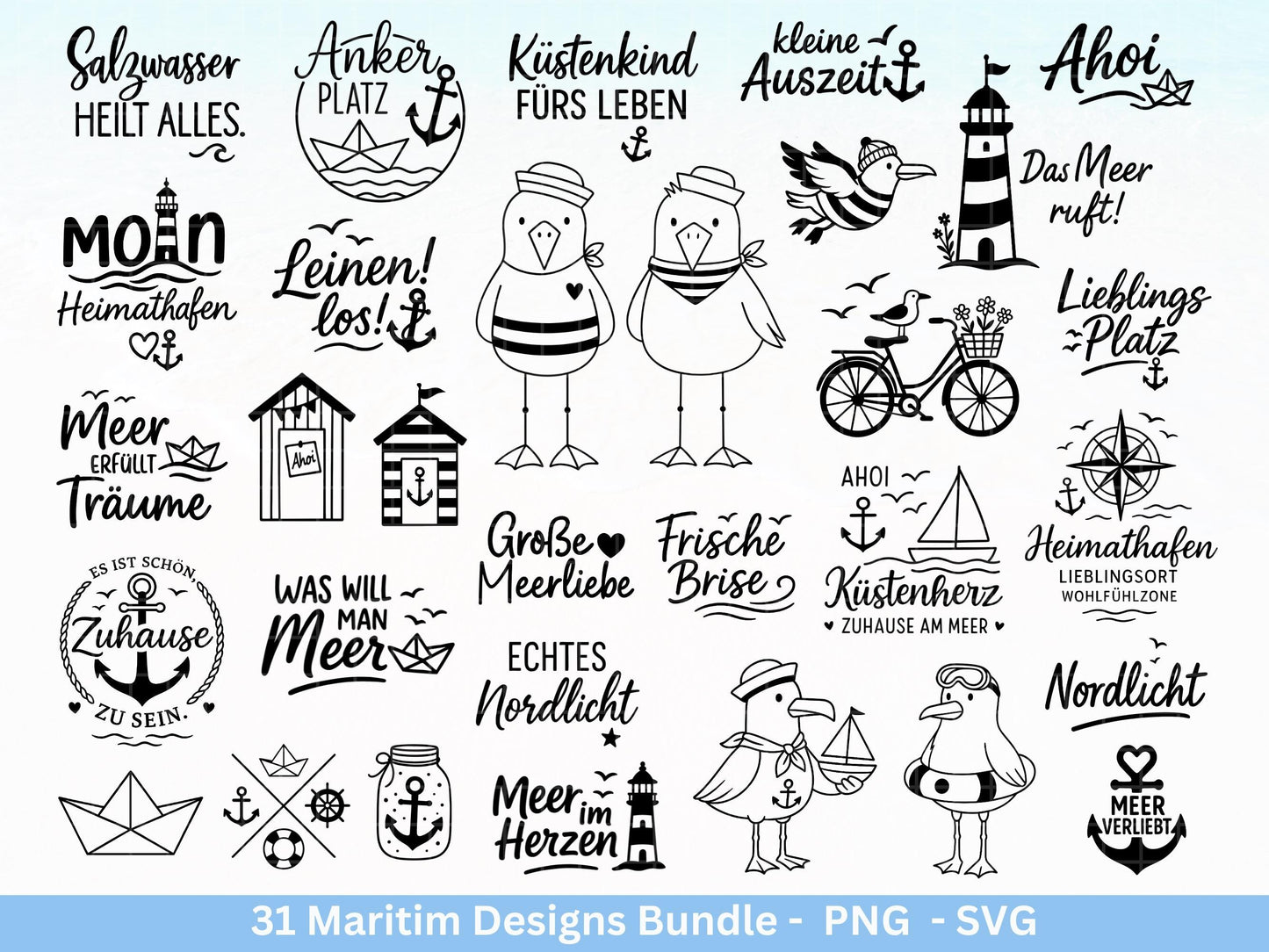 Maritim Plotterdatei Bundle – Küstenkind Sprüche & Meerliebe Designs | Nordsee Ostsee SVG | Möwen Anker Ahoi Strandliebe Cricut Laserdatei