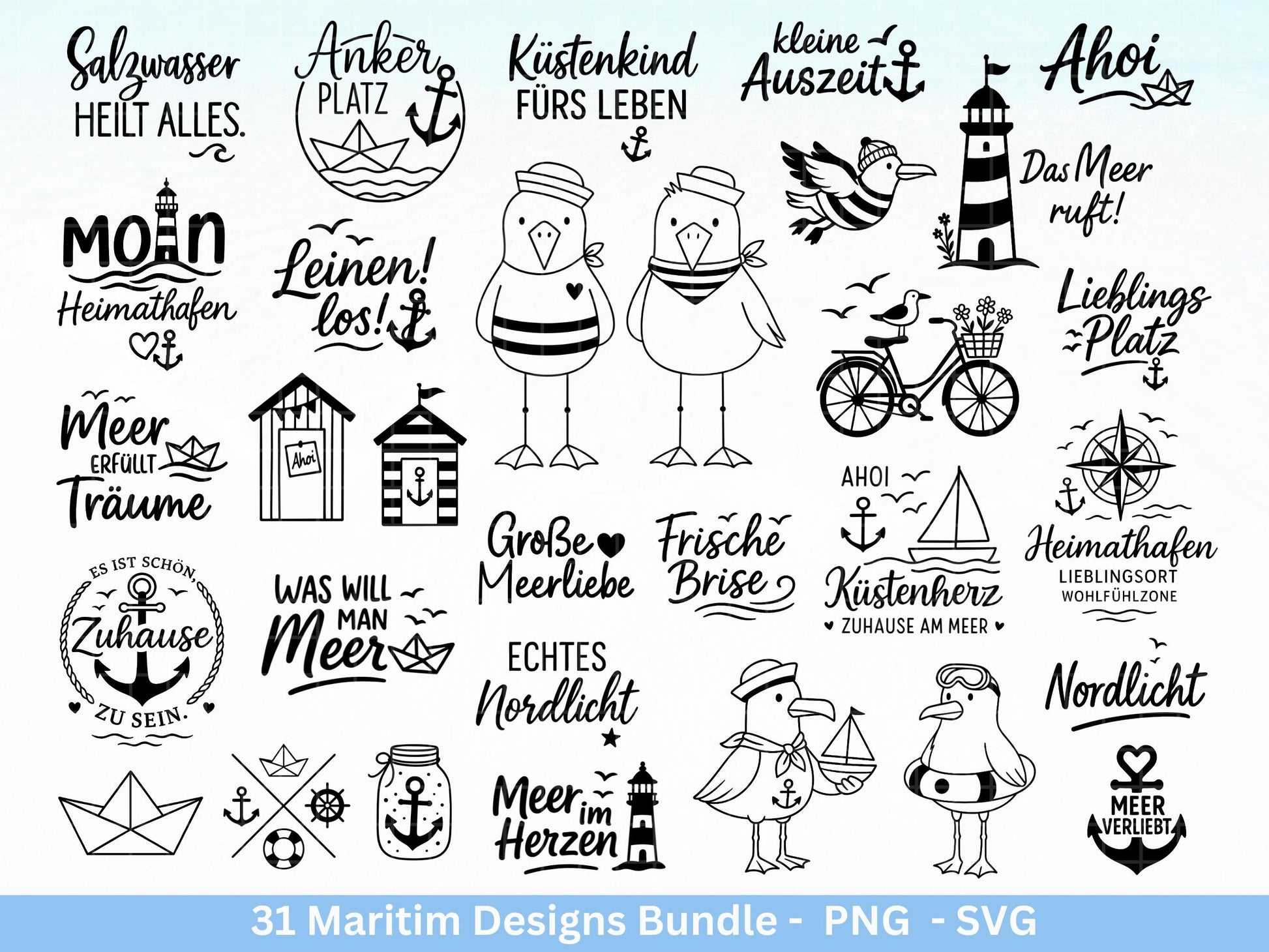 Maritim Plotterdatei Bundle – Küstenkind Sprüche & Meerliebe Designs | Nordsee Ostsee SVG | Möwen Anker Ahoi Strandliebe Cricut Laserdatei