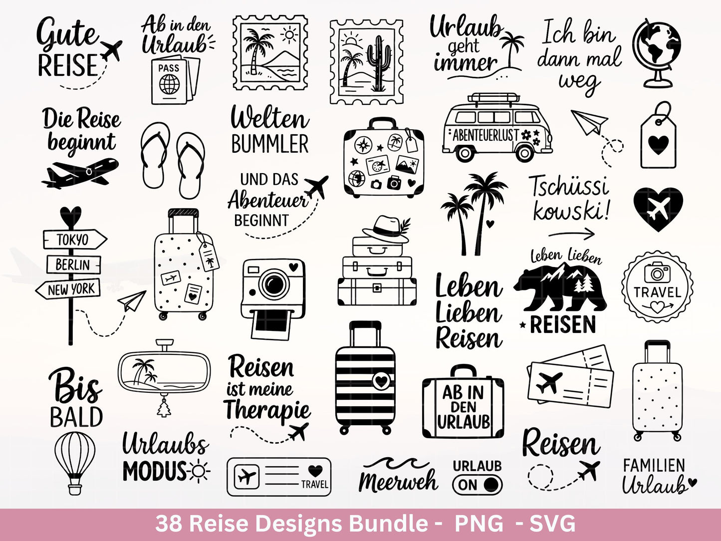 Reise Plotterdatei Bundle – Urlaub Sprüche & Abenteuer Motive | Travel SVG Designs | Sommer Meerweh Koffer Cricut Silhouette Laserdatei
